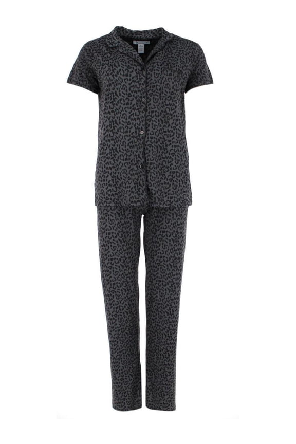 Leopard Print Notched Collar Short Sleeve Pajama Set (Women)