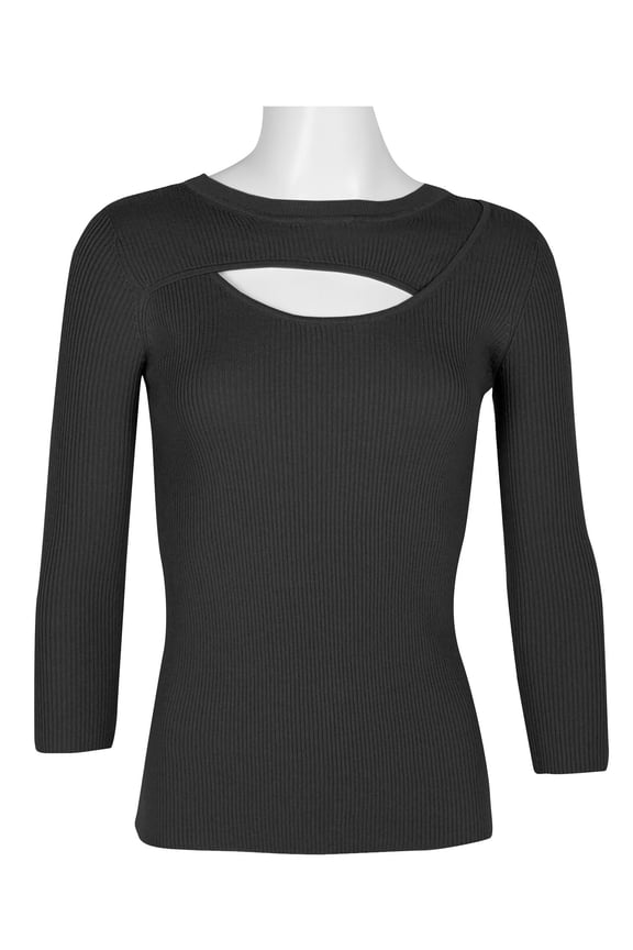 NY Crew Neck 3-4 Sleeve Ribbed Pullover Cutout Chest Detail Knit Top-BLACK / L