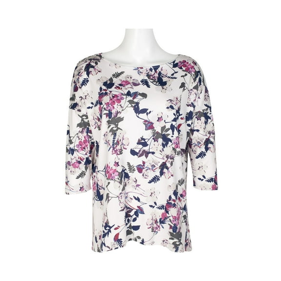 Joan Vass NY Open Crew Neck 3/4 Sleeve Printed Jersey Top with Back Seam Detail-LAVENDAR MULTI / S