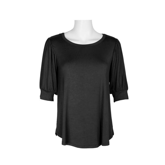 Joan Vass NY Scoop Neck Short Shirred Sleeve Solid Shirttail Hem-BLACK / XS
