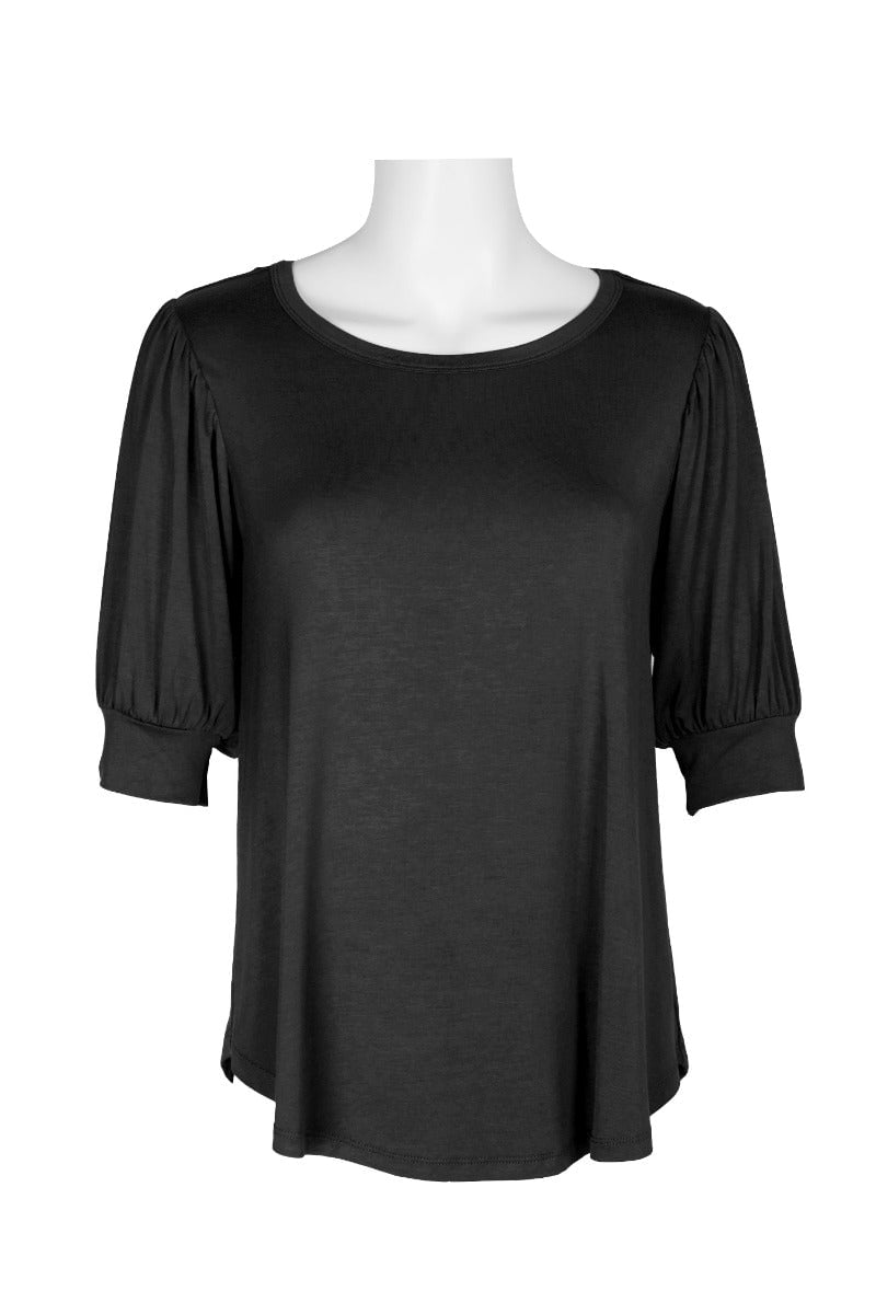 Joan Vass NY Scoop Neck Short Shirred Sleeve Solid Shirttail Hem-CERISE ...