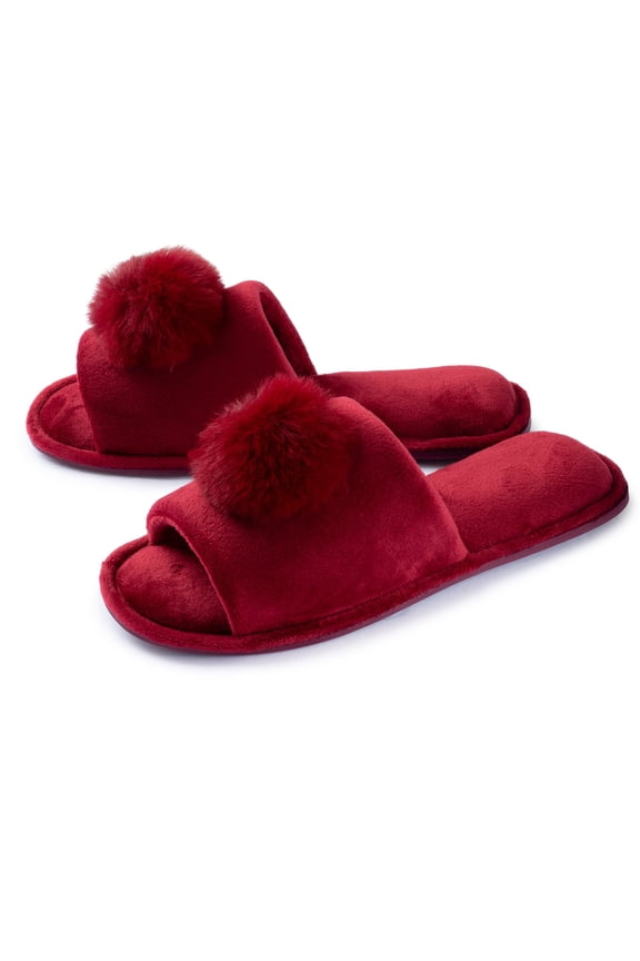 Joan Vass Women Velvet Open Toe Faux Fur Pom-Pom Slipper