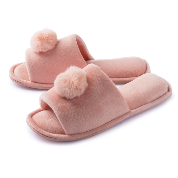 Joan Vass Women Velvet Open Toe Faux Fur Pom-Pom Slipper