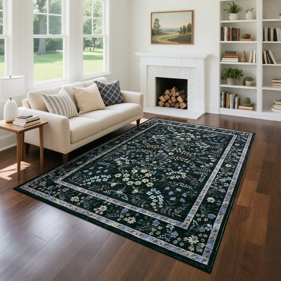 JoanKaren 10'x13'Extra Large Area Rugs,Modern Floral Printed Large Rug for Living Room,Machine Washable,Non-Slip Backing Stain Resistant Farmhouse Floor Cover,Black