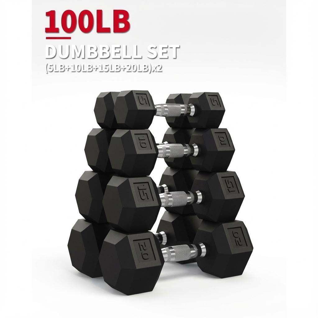 JoanKaren 100lbs Hex Dumbbell Set of 8,Pair of 5,10,15,20LBs,Rubber Encased Coating&Textured Carbon Steel Handle,Anti-Roll Weights for Home Gym Strength Training