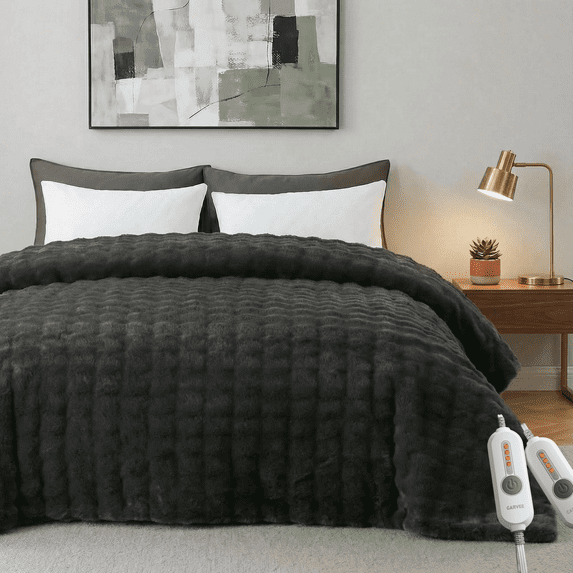 JoanKaren 100x90" Electric Heated Blanket,King Size Dual Control Faux Fur Electric Blankets with 4 Heat Settings,Auto Shut-Off&Machine Washable,Dark Gray