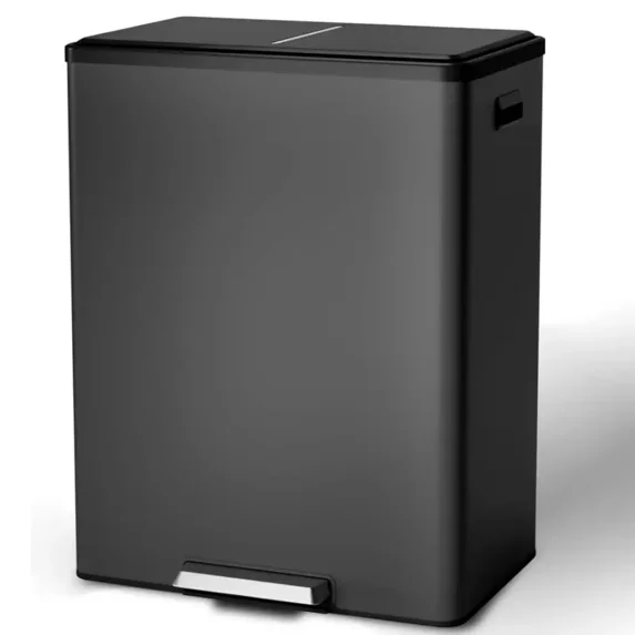 JoanKaren 16 Gallon Stainless Steel Dual Compartment Step Kitchen Trash Can with Lid & 2 Removable Wastebaskets,Kitchen Garbage Can & Recycling Bin,Black
