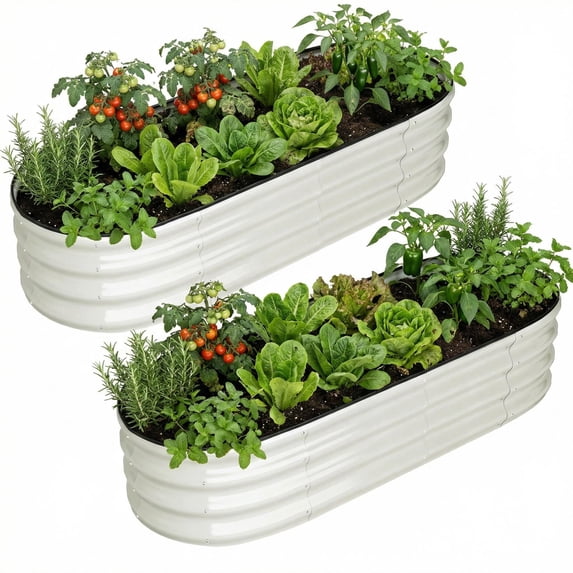 JoanKaren 2 Pcs 4.5x2x1.5 ft Oval Galvanized Raised Garden Beds,Large Deep Root Metal Planter Box with Open Base for Vegetables Flowers,Herbs,Tool-Free Assembly,White