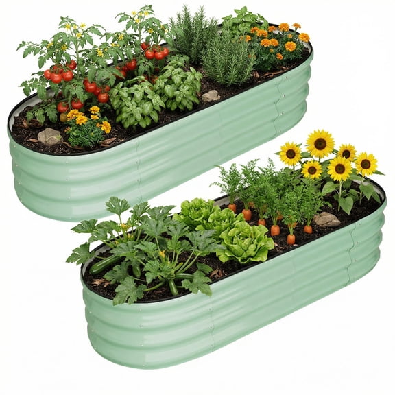 JoanKaren 2 Pcs 4.5x2x1 ft Oval Galvanized Raised Garden Bed,Open-Ended Base Outdoor Planter Box for Vegetables,Flowers,Fruits,Rubber Edge,Green