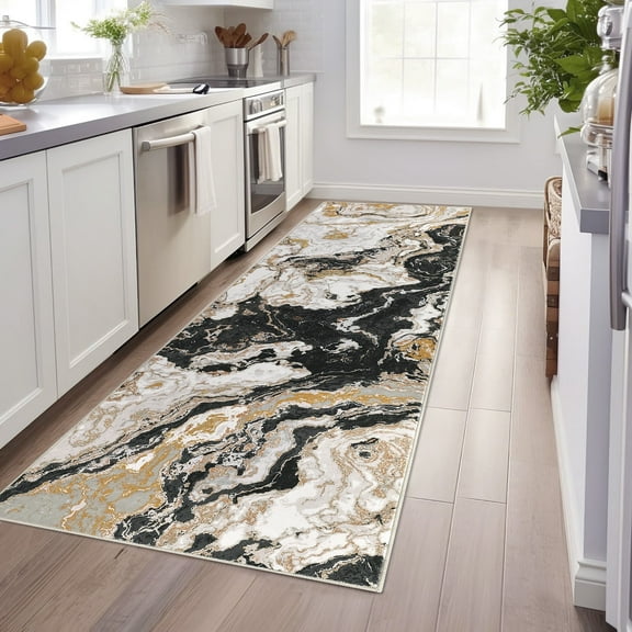 JoanKaren 2'x6' Modern Marble Runner Area Rug,Washable,Abstract Marble Pattern,Non Slip,2'x6' for Bedroom Entryway,Hallway,Black