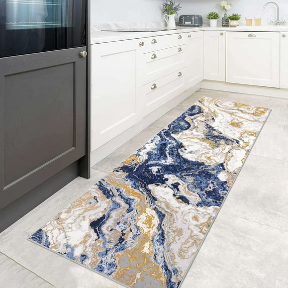 JoanKaren 2'x6' Modern Marble Runner Area Rug,Washable,Abstract Marble Pattern,Non Slip,2'x6' for Bedroom Entryway,Hallway,Blue