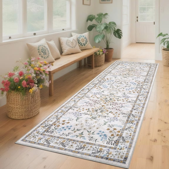 JoanKaren 2'x6'Runner Rug,Modern Floral Printed Rug for Kitchen Laundry,Machine Washable,Non-Slip Backing Stain Resistant Farmhouse Floor Cover,Beige