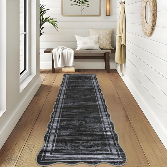 JoanKaren 2'x6' Runner Rugs,Washable Scalloped Abstract Rugs,Non-Slip Soft Carpet Accent for Hallway Entrance Bedroom Entryway Kitchen,Black