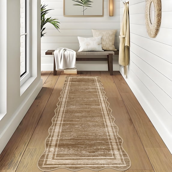 JoanKaren 2'x6' Runner Rugs,Washable Scalloped Abstract Rugs,Non-Slip Soft Carpet Accent for Hallway Entrance Bedroom Entryway Kitchen,Brown