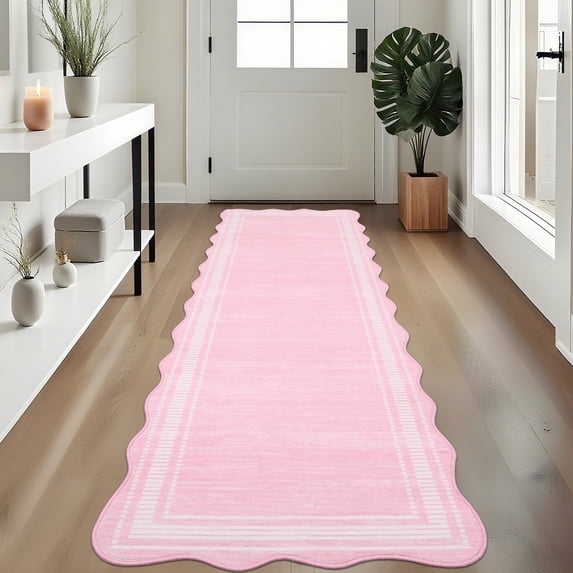 JoanKaren 2'x6' Runner Rugs,Washable Scalloped Abstract Rugs,Non-Slip Soft Carpet Accent for Hallway Entrance Bedroom Entryway Kitchen,Pink