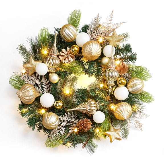 JoanKaren 24in Lighted Pre-Lit Christmas Wreaths with Timer,20 Light Flower Bowknot Pine Cones Balls Candy for Front Door Wall Decor,Gold&White