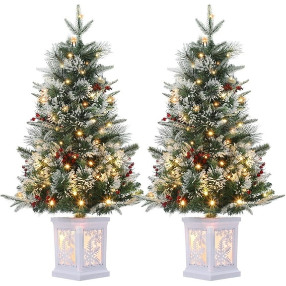 JoanKaren 2pcs 3ft Mini Christmas Trees,Pre-Lit Artificial Xmas Tree with 78 Led Lights,8-Mode,Snowflake Light Base