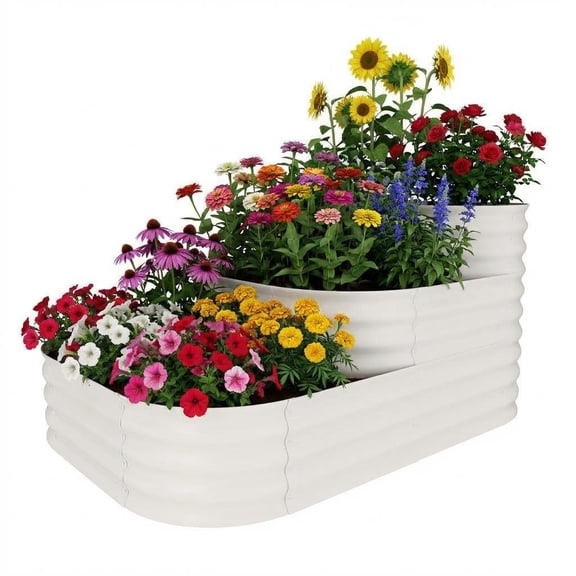 JoanKaren 3 Tiers Galvanized Raised Garden Bed,Outdoor Metal Planter Box with Open Base for Vegetables Flowers Herbs,White