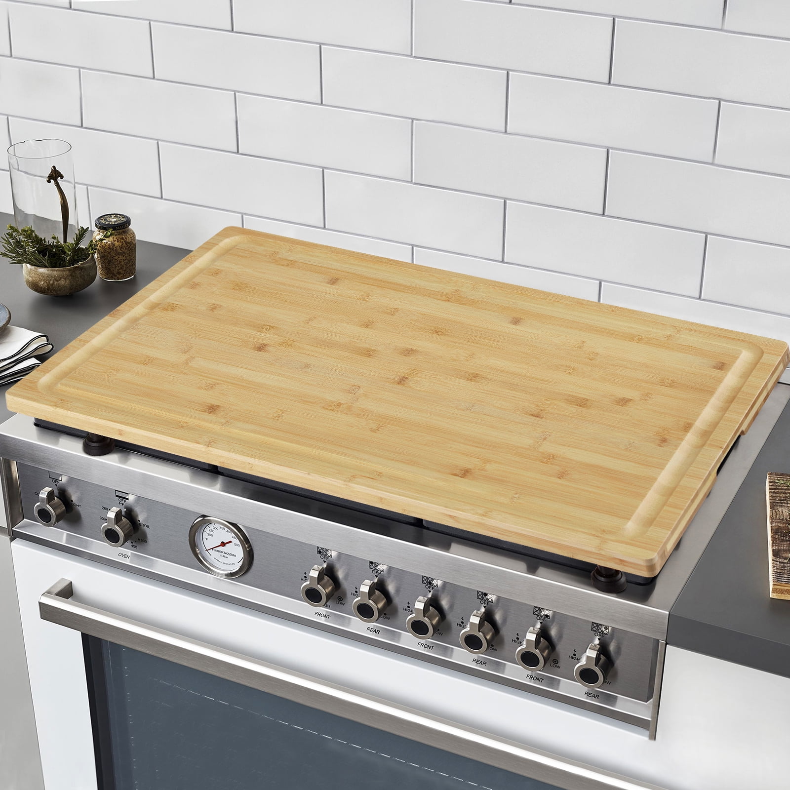 JoanKaren 32x20inch Carbonized Bamboo Stove Cutting Board with Feet,Thick Durable Eco-Friendly Non-Slip Kitchen Food Preparation Board