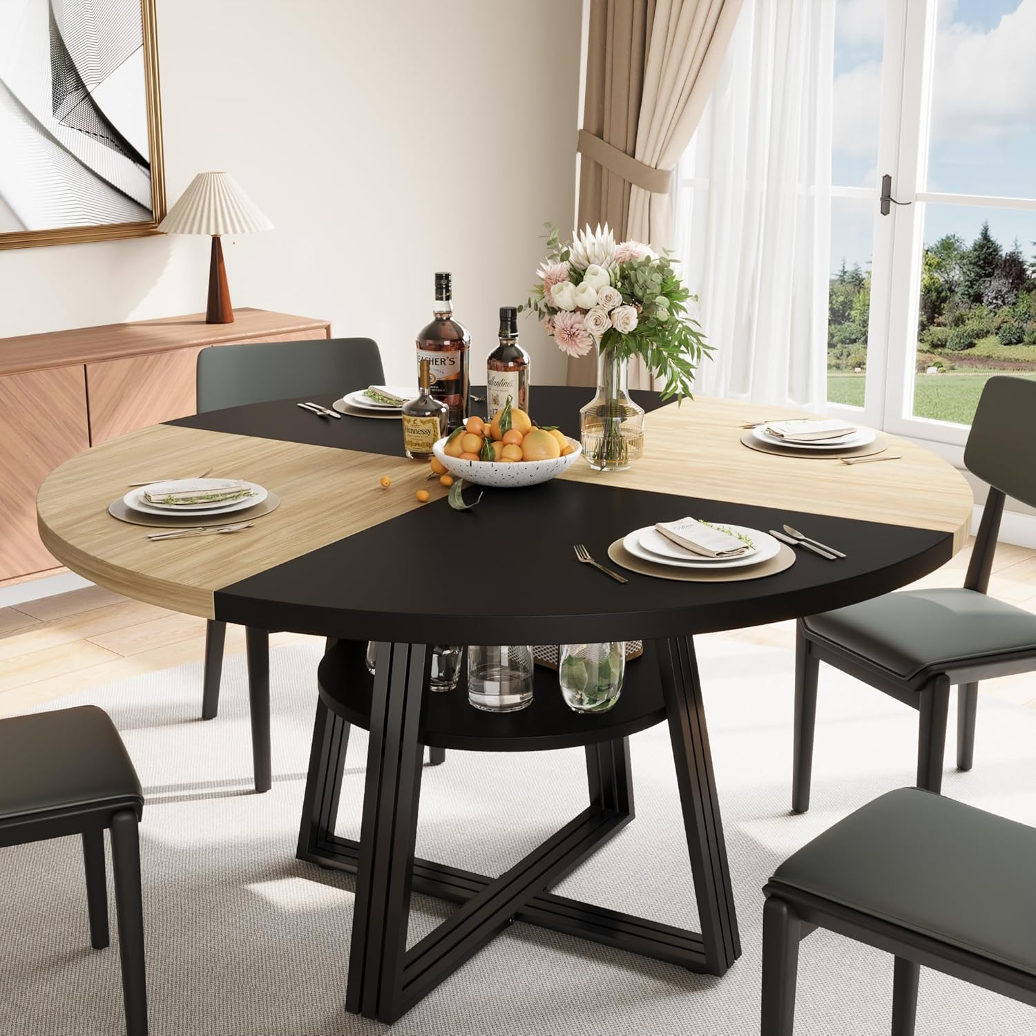 JoanKaren 47.2" Farmhouse Round Dining Table,Circle Dining Table for Kitchen Dining Room,Storage and Metal Square Legs,Black Oak