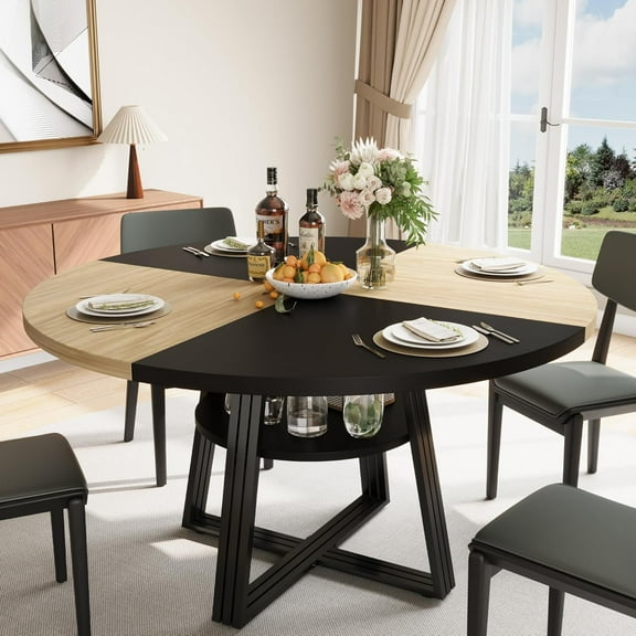 JoanKaren 47.2" Farmhouse Round Dining Table,Circle Dining Table for Kitchen Dining Room,Storage and Metal Square Legs,Black Oak