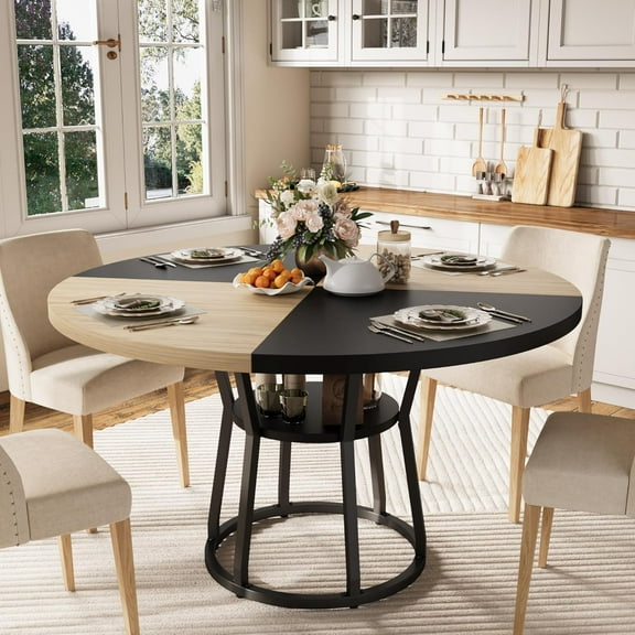JoanKaren 47.2" Farmhouse Round Dining Table,Space Saving Wood Kitchen & Dining Room Circle Table Furniture with Storage and Metal Legs,Black Oak