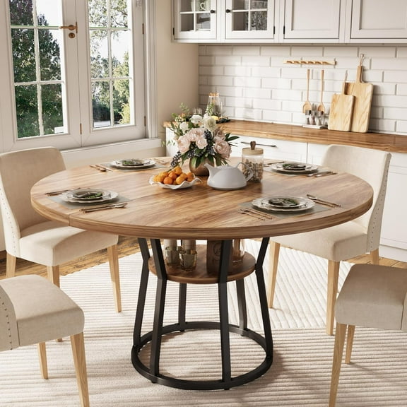 JoanKaren 47.2" Farmhouse Round Dining Table,Space Saving Wood Kitchen & Dining Room Circle Table Furniture with Storage and Metal Legs,Retro