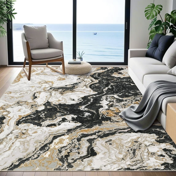 JoanKaren 5'x7' Machine Washable Abstract Area Rugs,Soft Modern Marble Rug for Living Room Bedroom Dining Room Office with Non Slip,Black