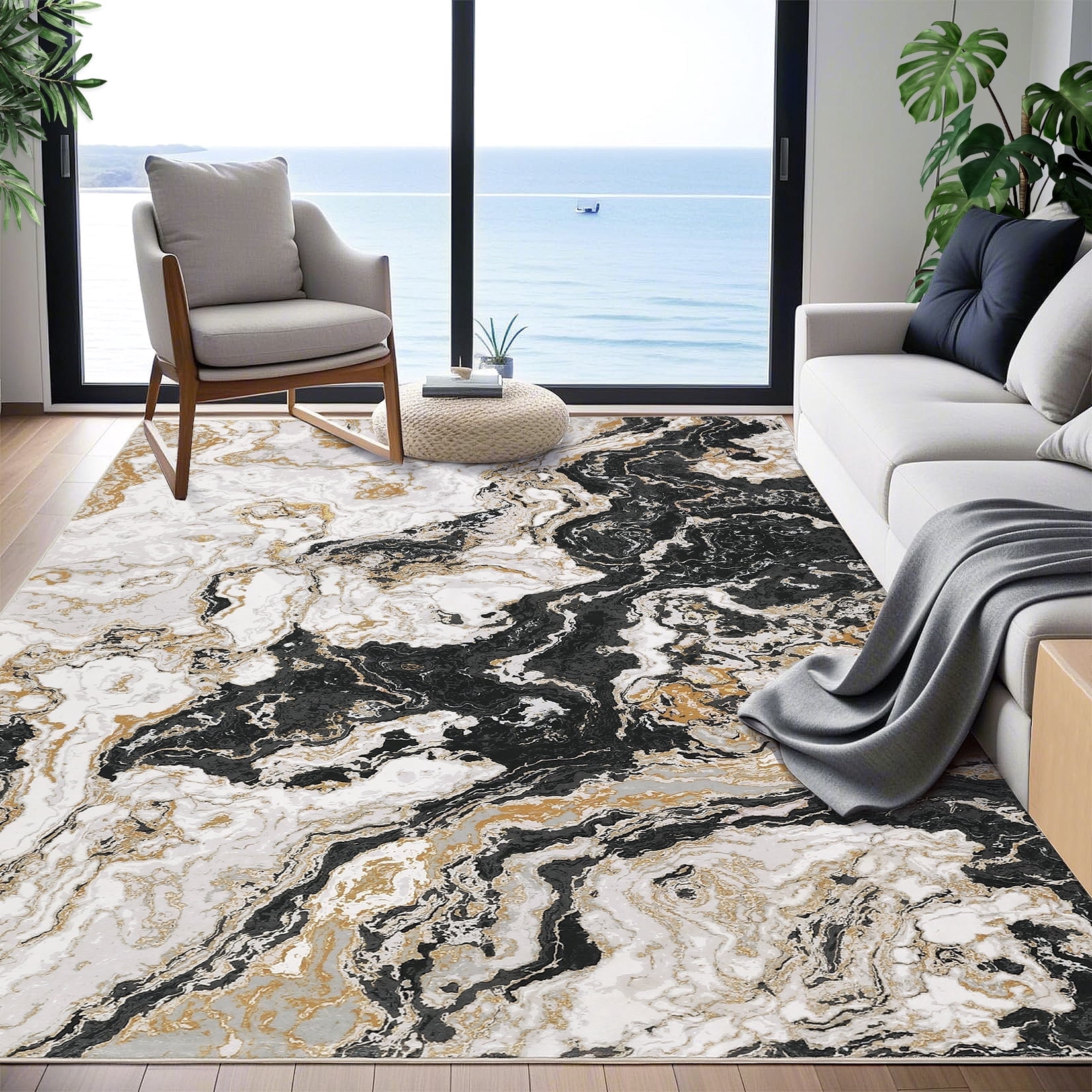JoanKaren 6'x9' Machine Washable Abstract Area Rugs,Soft Large Modern Marble Rug for Living Room Bedroom Dining Room Office with Non Slip,Black