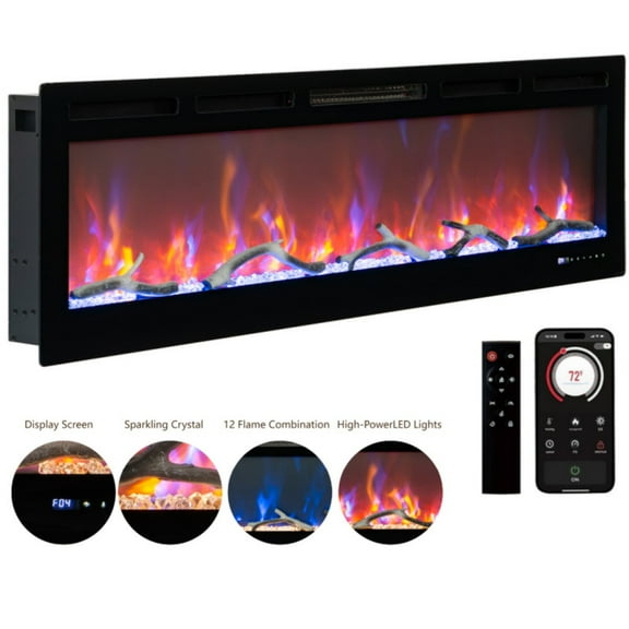 JoanKaren 60" Smart Electric Fireplace,WiFi Enabled,Recessed & Wall Mounted Fireplace with Remote Control & Multicolor Flame