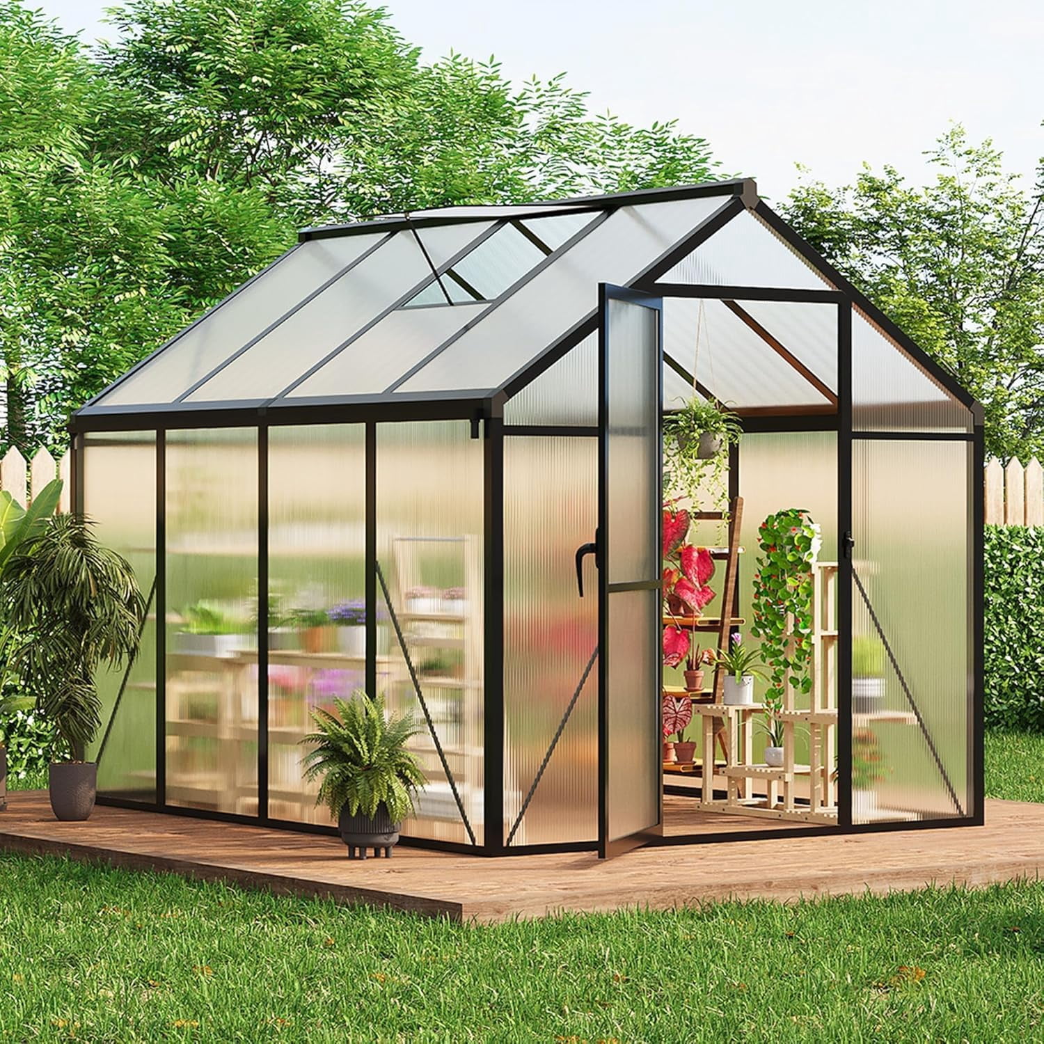 JoanKaren 6x8FT Outdoor Greenhouse,Heavy-Duty Aluminum Large Walk-in Green House for Garden with Roof Vent,Ground Nails,Lockable Push Door,Dark Gray