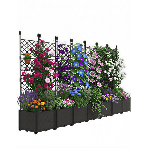 JoanKaren 7-Piece Trellis Planter Set,63" H Metal Planter with Trellis & Privacy Screen,Outdoor Raised Garden Bed for Climbing Plants,Vegetables,Flowers on Patio,Balcony
