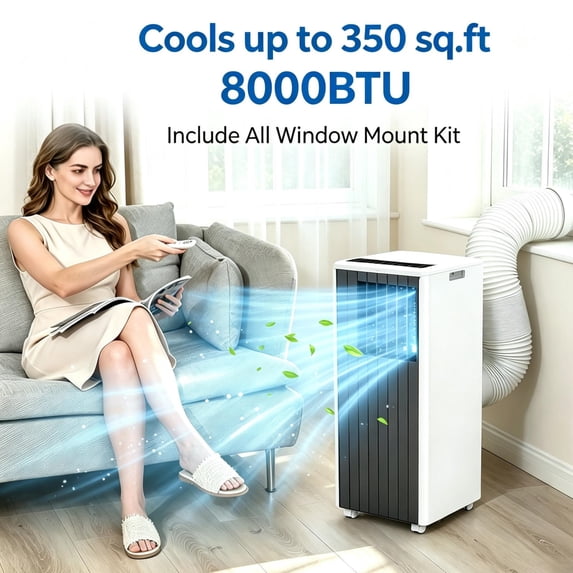 JoanKaren 8000 BTU Portable Air Conditioner Up to 350 Sq. Ft. 3-in-1 Quiet AC Unit with Cooling,Dehumidifier & Fan,Energy-Saving,24-Hr Timer,Window Kit Included,Black
