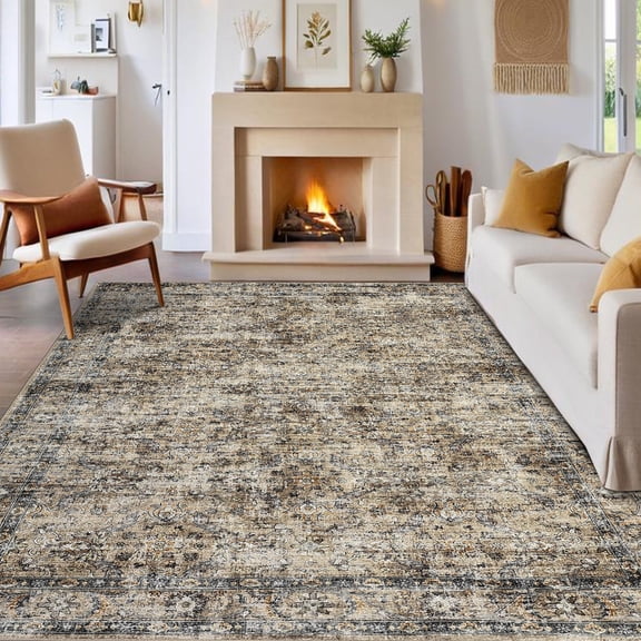 JoanKaren 9'x12' Large Area Rug Vintage Floral Rug Non Slip,Washable & Foldable,Soft Non Shedding Indoor Carpets,Retro Oriental Carpet,Brown