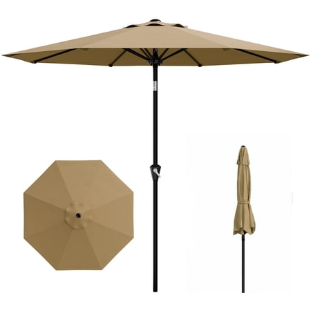 JoanKaren 9ft Patio Umbrella,Outdoor Beach Portable Table Market Umbrella with Smooth Crank Lift,Push Button Tilt and 8 Sturdy Ribs,Waterproof UV-proof for Garden,Deck,Backyard,Pool,Tan