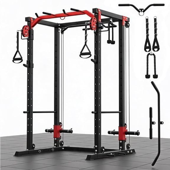 JoanKaren All-in-One Power Cage, 2000 lb Squat Rack with LAT Pulldown & Cable System for Home Gym