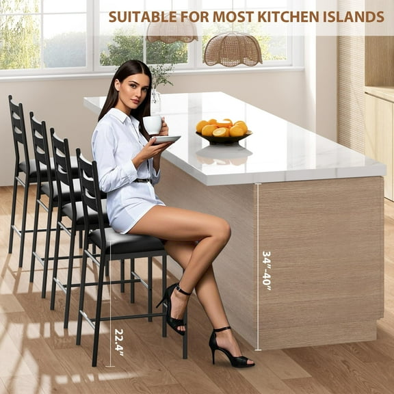 JoanKaren Bar Stools Set of 4, Upholstered Metal Dining Chairs Set of 4 with Wooden Back & Footrest & Thick Cushion, Counter Height Bar Stools for Kitchen Island Apartment, Black