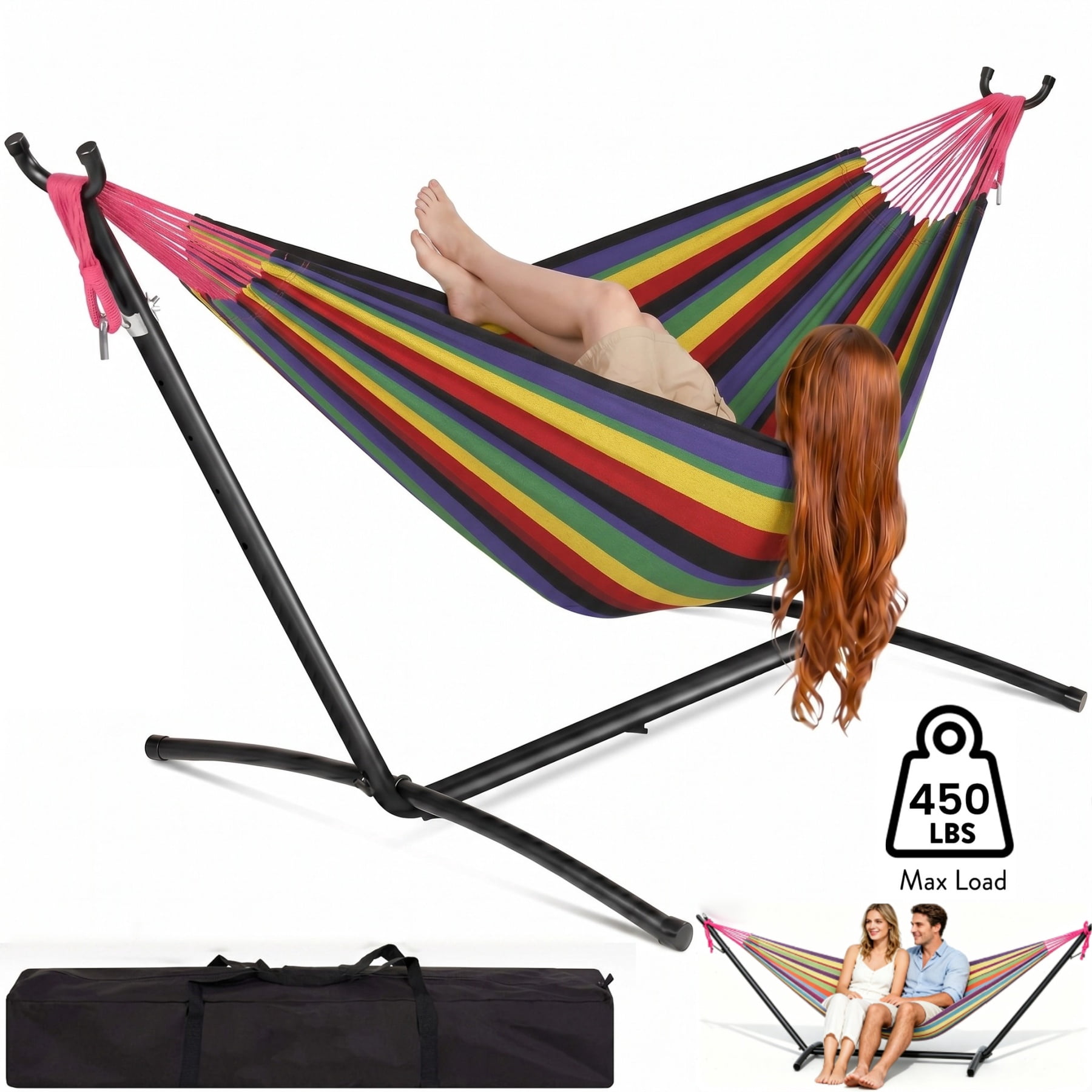 JoanKaren Double Hammock with Portable Space Saving Heavy-Duty Steel Stand,2 Person Outdoor 450lb Capacity Standing Hammocks,Indoor/Outdoor,Black Rainbow Stripes