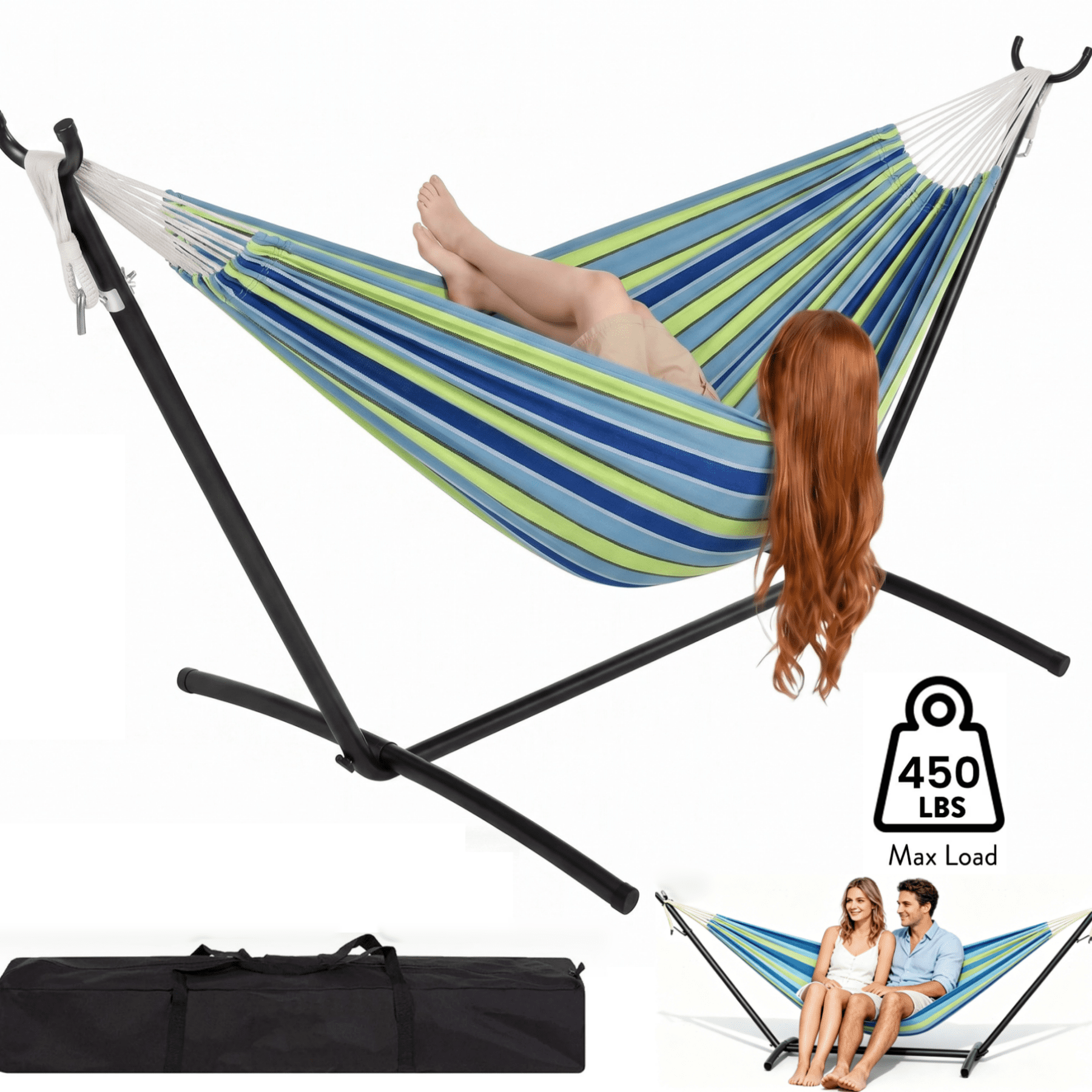 JoanKaren Double Hammock with Portable Space Saving Heavy-Duty Steel Stand,2 Person Outdoor 450lb Capacity Standing Hammocks,Indoor/Outdoor,Blue and Green Stripes