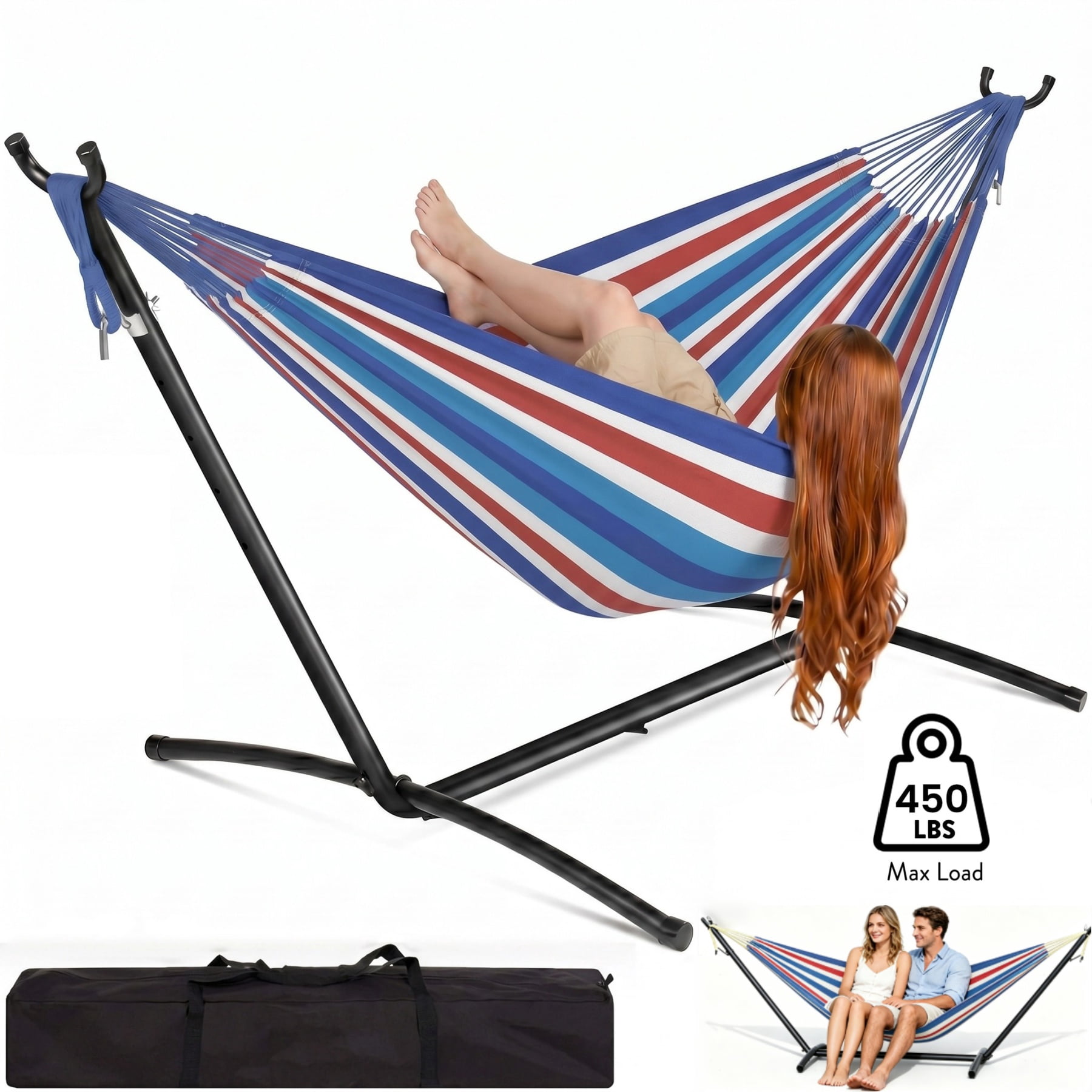 JoanKaren Double Hammock with Portable Space Saving Heavy-Duty Steel Stand,2 Person Outdoor 450lb Capacity Standing Hammocks,Indoor/Outdoor,Blue & White & Red Stripes
