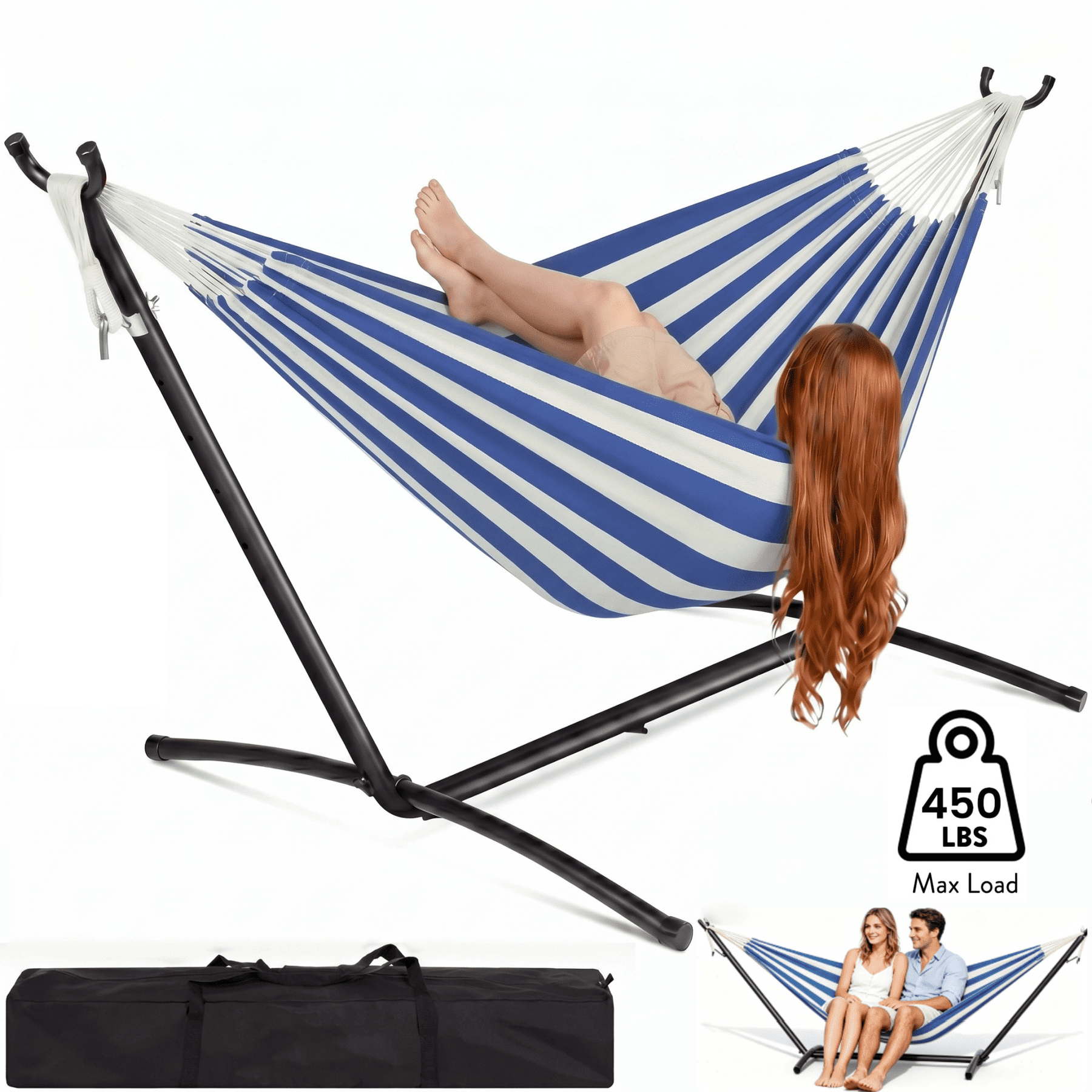 JoanKaren Double Hammock with Portable Space Saving Heavy-Duty Steel Stand,2 Person Outdoor 450lb Capacity Standing Hammocks,Indoor/Outdoor,Blue and White Stripes