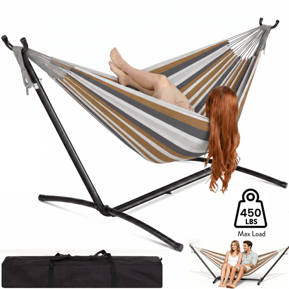 JoanKaren Double Hammock with Portable Space Saving Heavy-Duty Steel Stand,2 Person Outdoor 450lb Capacity Standing Hammocks,Indoor/Outdoor,Coffee Stripes