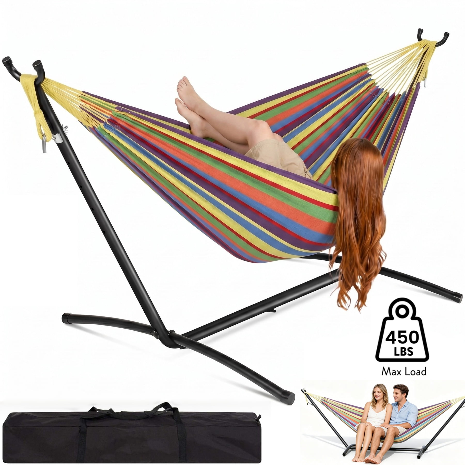 JoanKaren Double Hammock with Portable Space Saving Heavy-Duty Steel Stand,2 Person Outdoor 450lb Capacity Standing Hammocks,Indoor/Outdoor,Yellow Rainbow Stripes
