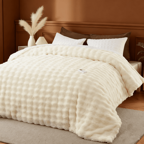 JoanKaren Electric Heated Blanket with Wireless Controller,King Size Fluffy Warm Luxury Fuzzy Comforter Blankets,6 Heat Levels&10 Hours Auto Off,104"x90",Beige