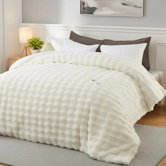 JoanKaren Electric Heated Blanket with Wireless Controller,Queen Size Fluffy Warm Luxury Fuzzy Comforter Blankets,6 Heat Levels&10 Hours Auto Off,90"x90",Beige