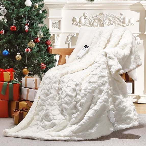JoanKaren Electric Throw Blanket,50"x60" Soft Flannel Fast Heating Blanket,6 Heat Levels & 4 Hours Auto-Off Over-Heat Protection,White