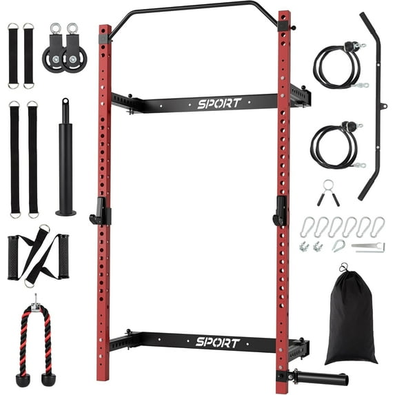 JoanKaren Folding Squat Rack with LAT Pulldown System Exercise Power Cages,Landmine and Pull Up Bar,Black&Red