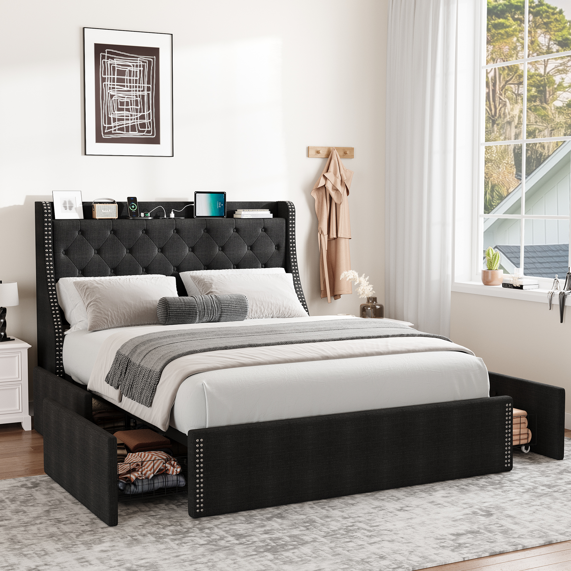 JoanKaren Full Bed Frame,Luxury Upholstered Platform Beds with Charging Station,4 Storage Drawers&Adjustable Headboard,Easy Assembly,Black