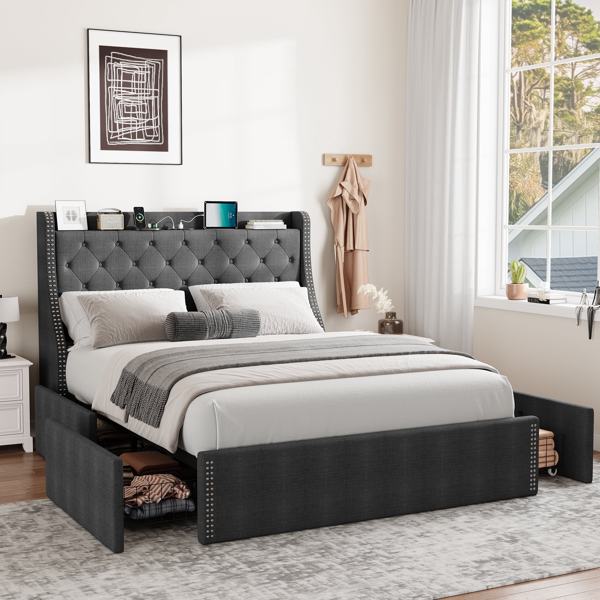 JoanKaren Full Bed Frame,Luxury Upholstered Platform Beds with Charging Station,4 Storage Drawers&Adjustable Headboard,Easy Assembly,Gray