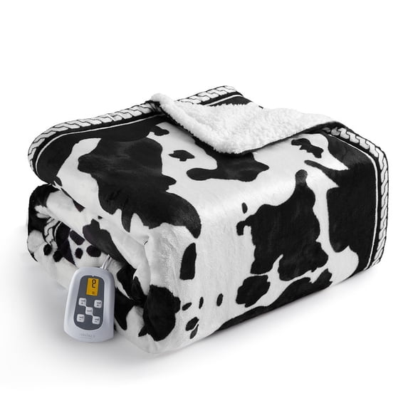 JoanKaren Heated Electric Blanket Full Size,72"x84" White Cow Print Fast Heating Blankets,10 Heat Levels & 1-12H Time Settings Over-Heat Protection,LCD Controller